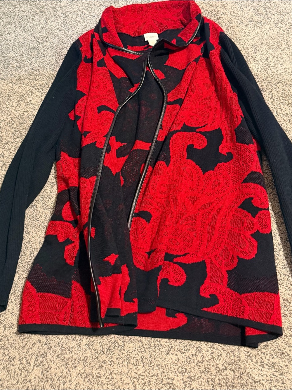 Chico's Womans Red & Black Open Cardigan Sweater Long Line Wool Cotton Knit